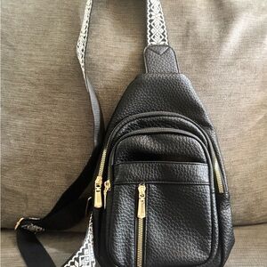 Black Textured Sling Bag with Gold Accents